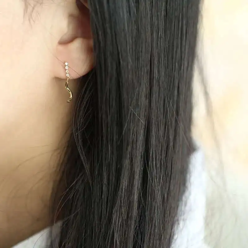 9K Solid Gold Minimalist Dangle Drop Earrings, Hypoallergenic Twirl Studs, Bridal & Gift, kj88 - Image 3