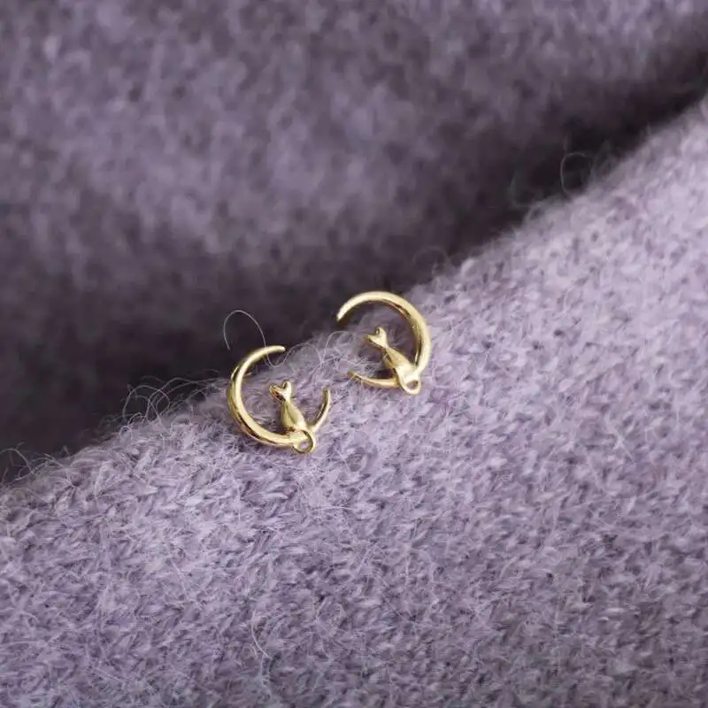 9k Real Solid Gold Unique Cat on the Moon Earring Stud Jewelry, Dainty Minimal Cz Crystal Simple Style, kj102 - Image 4