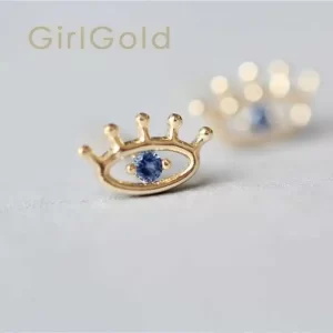 Blue Eye Crystal Stud Earring for Women, Minimal, Simple Style, Mini, 9k Solid Gold, Gift, kj13