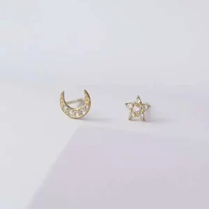 Asymmetric for Earrings Women, Fashion, Star and Moon, 9K Real Gold, Korean jewelry,kj95