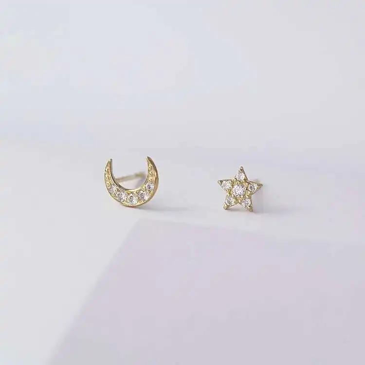 Asymmetric for Earrings Women, Fashion, Star and Moon, 9K Real Gold, Korean jewelry,kj95