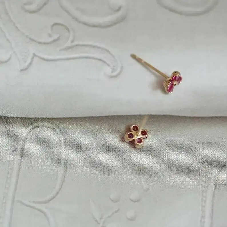 9k Solid Gold Crystal Stud Earrings, Unique Flower, Pink, Cute, Korean Style, Women, Kids, Girls, New Arrival, kj252 - Image 3