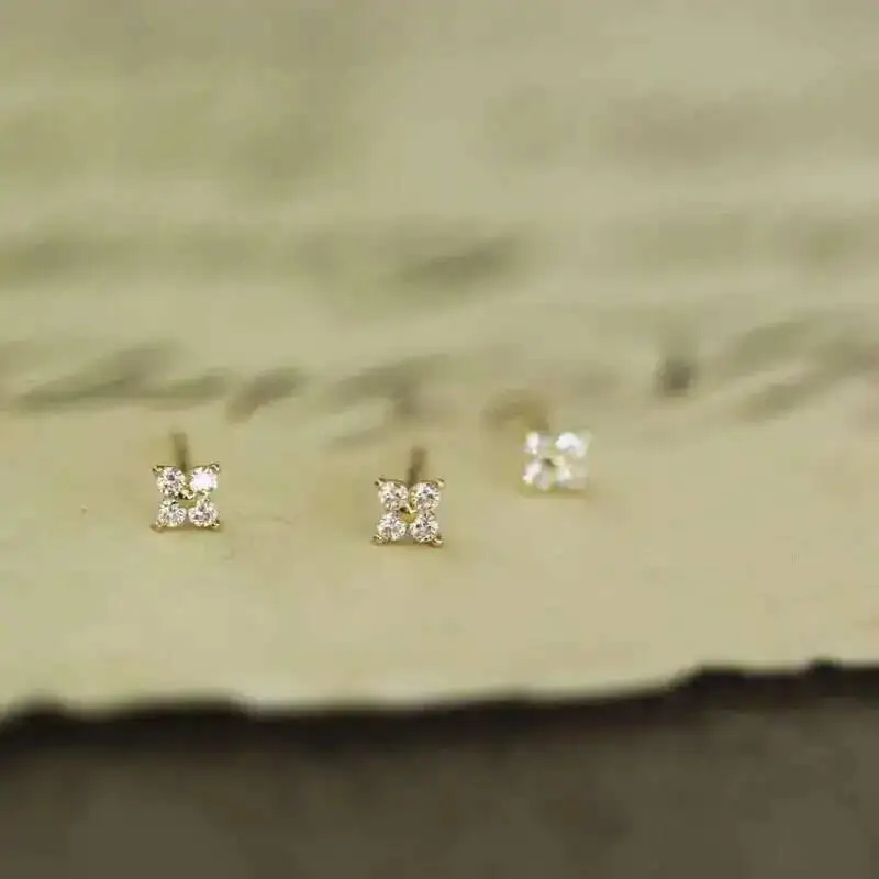 14K Solid Gold Floret Crystal Stud Earring, Mini Dainty Women, Minimal, Simple Style Gift, Bridesmaid, kj47 - Image 3