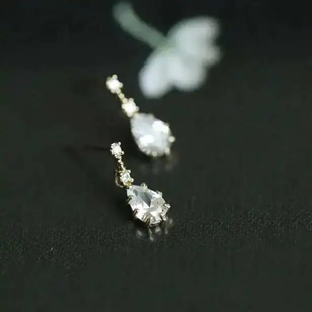 9K Real Gold Stud Dangle Drop Crystal Earring, Victorian Vintage Jewelry, Royal Gift, Minimal, kj207 - Image 6