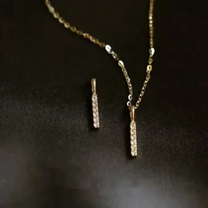 Solid Gold Charm Bar Pendant, Crystal Necklace, Minimal Jewelry, Simple Victorian Gift, Holiday, 9K Real, kj233