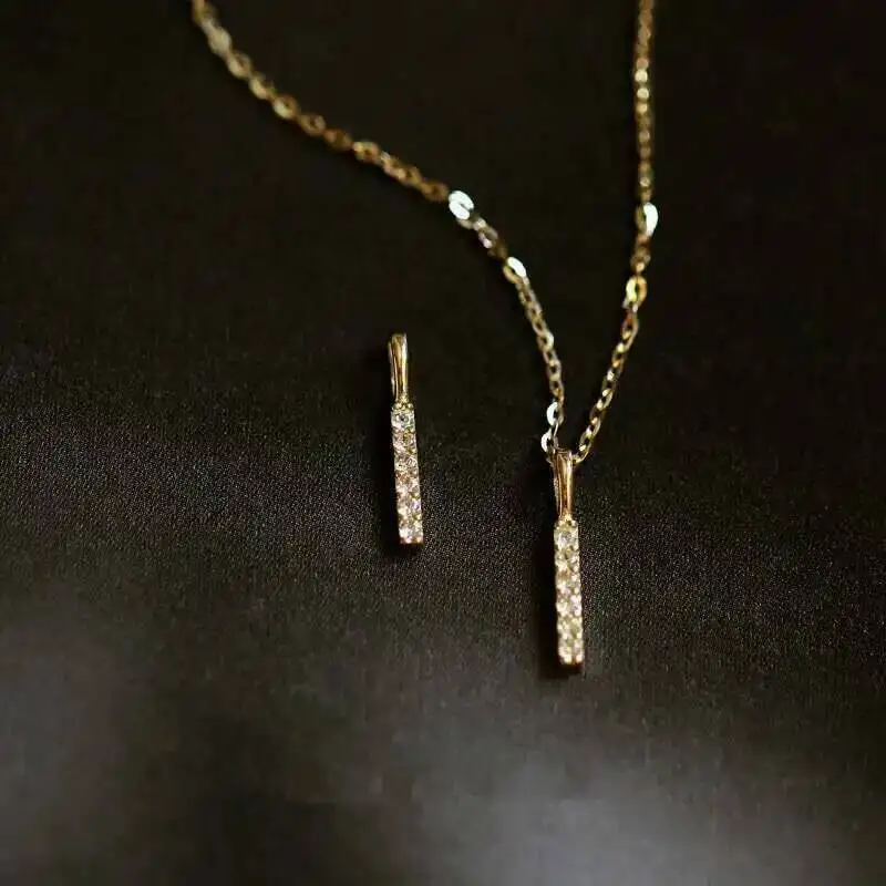 Solid Gold Charm Bar Pendant, Crystal Necklace, Minimal Jewelry, Simple Victorian Gift, Holiday, 9K Real, kj233