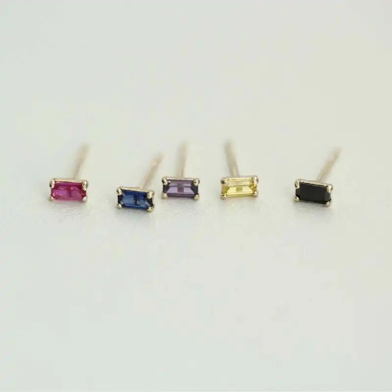 14K Pure Gold Stud Earrings for Women, Zircon Cube, Black, Purple, Rose, Blue, Yellow, New, 2022, kj188