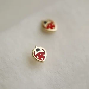 9K Gold Fruit Studs – Tiny Strawberry with Polished Edge, Everyday Cute Earrings