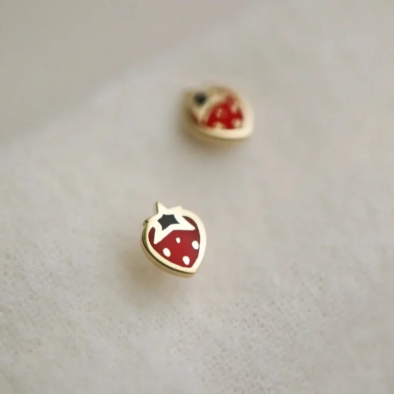 9K Gold Fruit Studs – Tiny Strawberry with Polished Edge, Everyday Cute Earrings