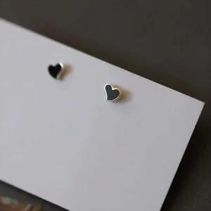 GOLD 10K Solid Gold Edged Black Mini Heart Stud Earrings, Cool yet Cute Everyday Accessory for Students & Women