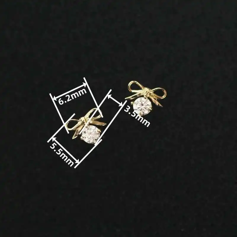 Solid Gold Stud, Dainty Bow Dangle Drop Crystal Earring, Simple Jewelry, Minimal Women Gift, 9K Real, kj94 - Image 2