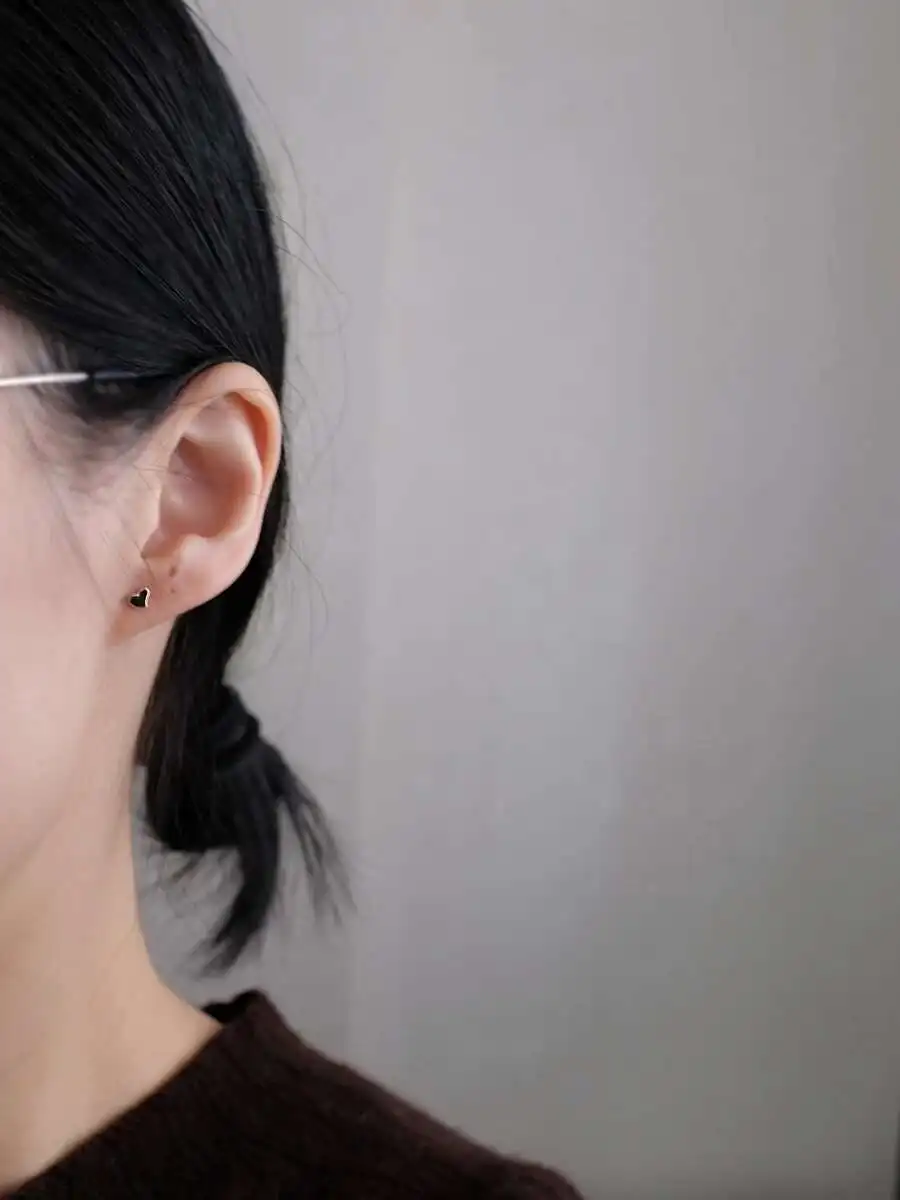 GOLD 10K Solid Gold Edged Black Mini Heart Stud Earrings, Cool yet Cute Everyday Accessory for Students & Women - Image 3