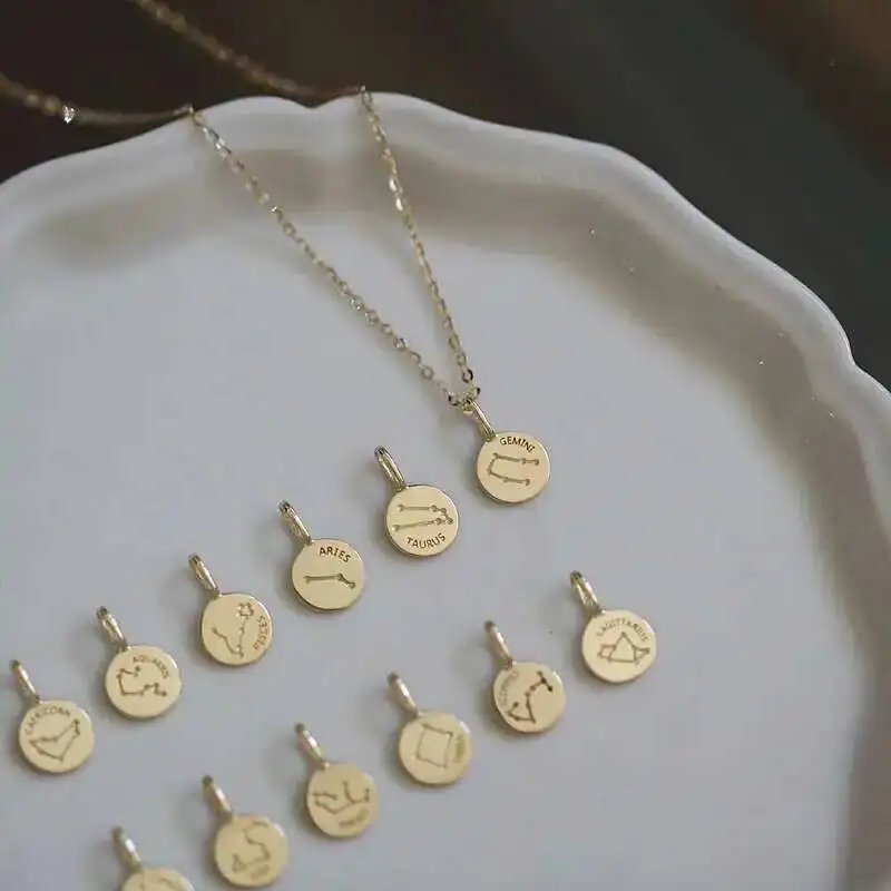 Pure 9K Hand Necklace for Women, 12 Constellations, Small Gold Coin Style, Mini Shiny Pendant, Gift, kj427