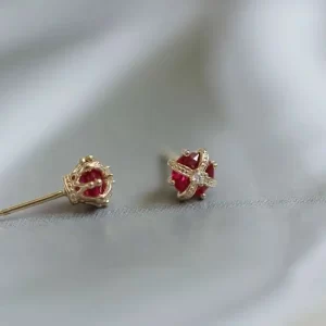 Pure 9K Gold Small Zircon Diamond Rose Earrings, Three-Dimensional Queen's Crown, kj228
