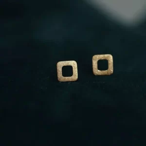 9k Solid Gold Brush Scrub Square Earring Stud, Minimalist Chic Simple Minimal Styles, Jewelry, kj243