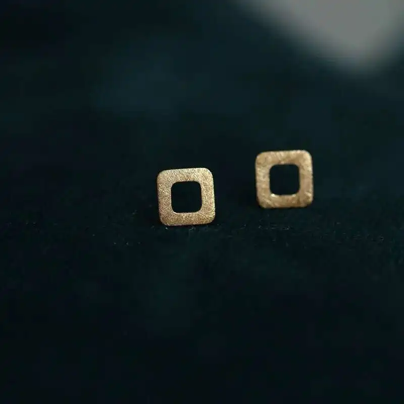 9k Solid Gold Brush Scrub Square Earring Stud, Minimalist Chic Simple Minimal Styles, Jewelry, kj243