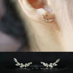 14K Pure Gold Inlaid Zircon Ear Studs for Women, Super Flash, Arc, Laurel Branch, kj236