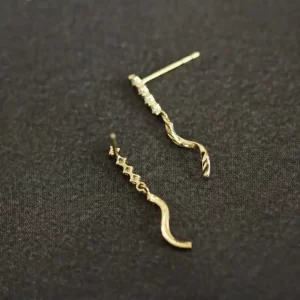 9K Solid Gold Minimalist Dangle Drop Earrings, Hypoallergenic Twirl Studs, Bridal & Gift, kj88