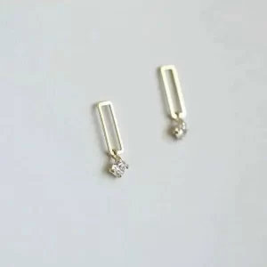 Rectangle Plate Bar Dangle Drop Crystal Stud Earring, 9K Solid Gold, Unique Minimal, Simple Dainty Style, kj217