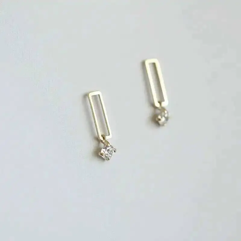 Rectangle Plate Bar Dangle Drop Crystal Stud Earring, 9K Solid Gold, Unique Minimal, Simple Dainty Style, kj217