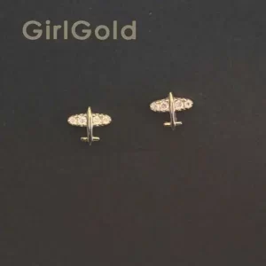 9K Solid Gold Mini Airplane Stud Earrings, Hypoallergenic, Elegant Simple Design, Trendy Fashion Accessory kj528