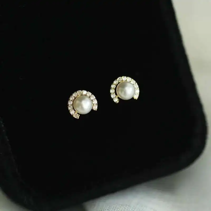 9K Solid Gold Studs with Natural Freshwater Pearl, Minimalist Hypoallergenic, Trendy Victorian Style kj113 - Image 4