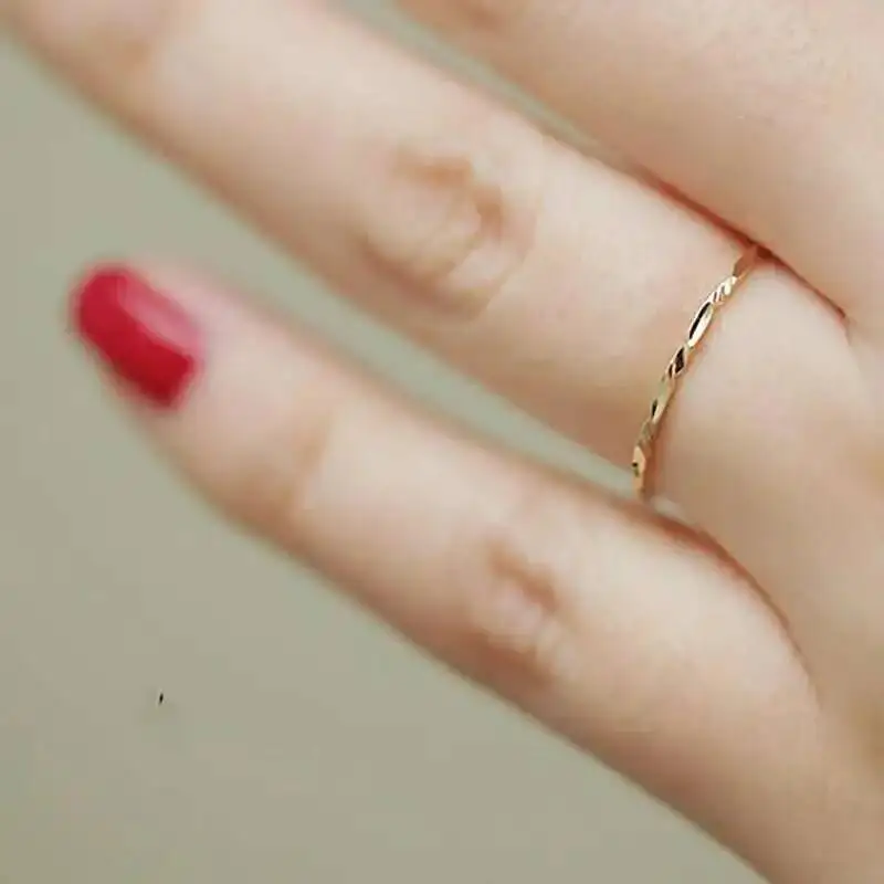 14K Solid Thin Stacking Dainty Gold Ring, Minimalist, Mid-century Bff Bride, kj506