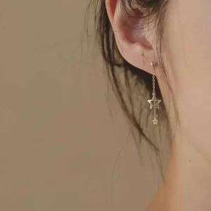 9k Two Way Dangle Drop Tassel Star Stud Dainty Earring, Minimal Jewelry, Solid Gold, New Arrival, 2020, kj230