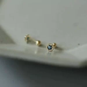 9k Gold Earbone Nail Hexagonal Deep Sapphire Color Retro French Light Luxury Mini Earrings, Screw kj379