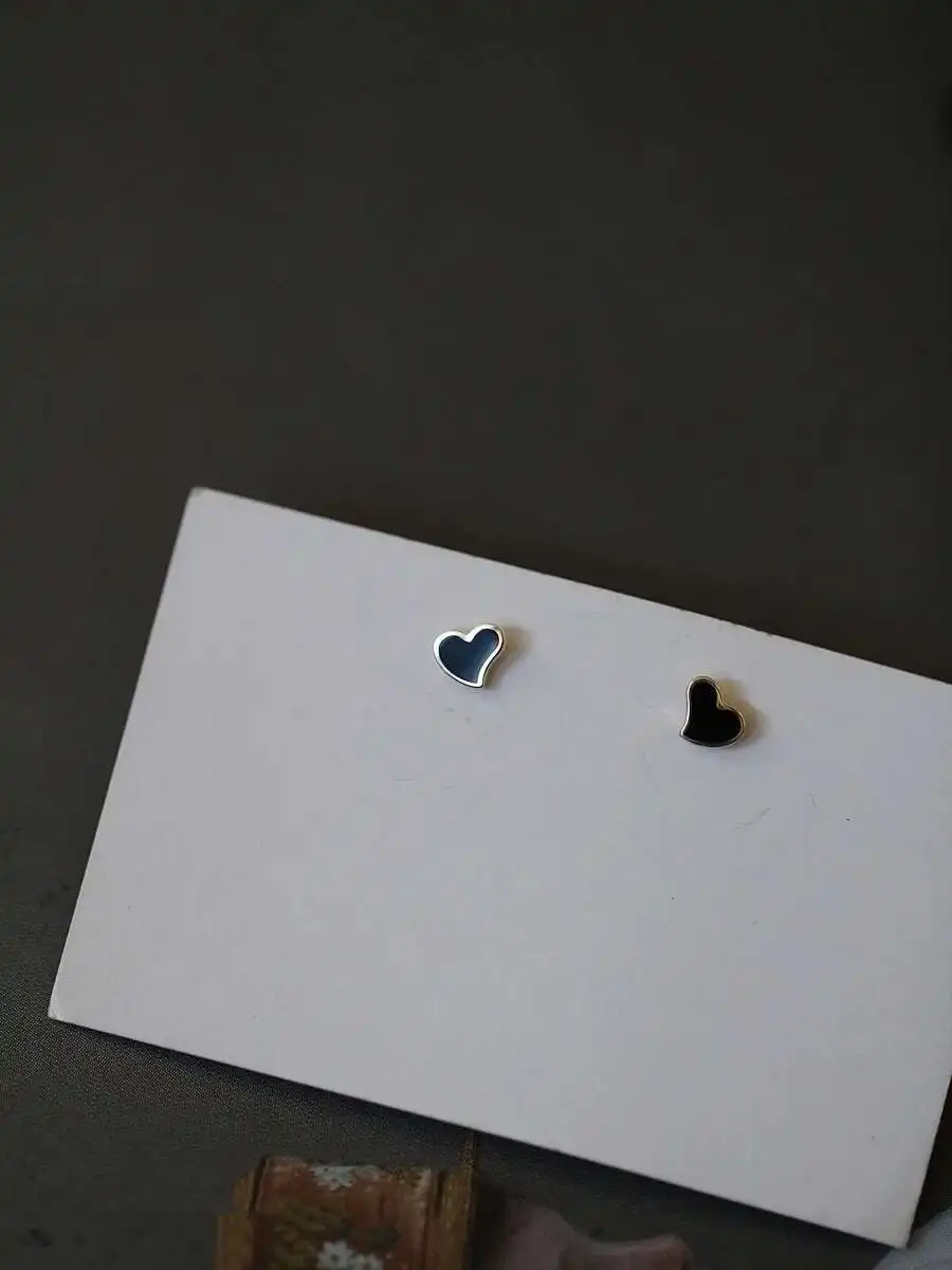 GOLD 10K Solid Gold Edged Black Mini Heart Stud Earrings, Cool yet Cute Everyday Accessory for Students & Women - Image 4