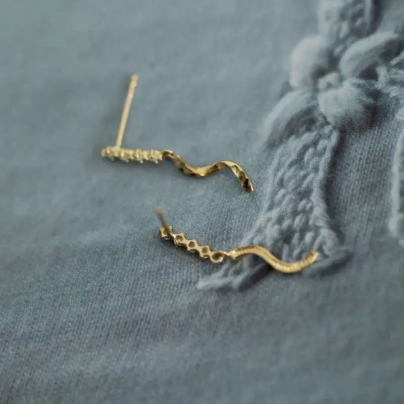 9K Solid Gold Minimalist Dangle Drop Earrings, Hypoallergenic Twirl Studs, Bridal & Gift, kj88 - Image 5