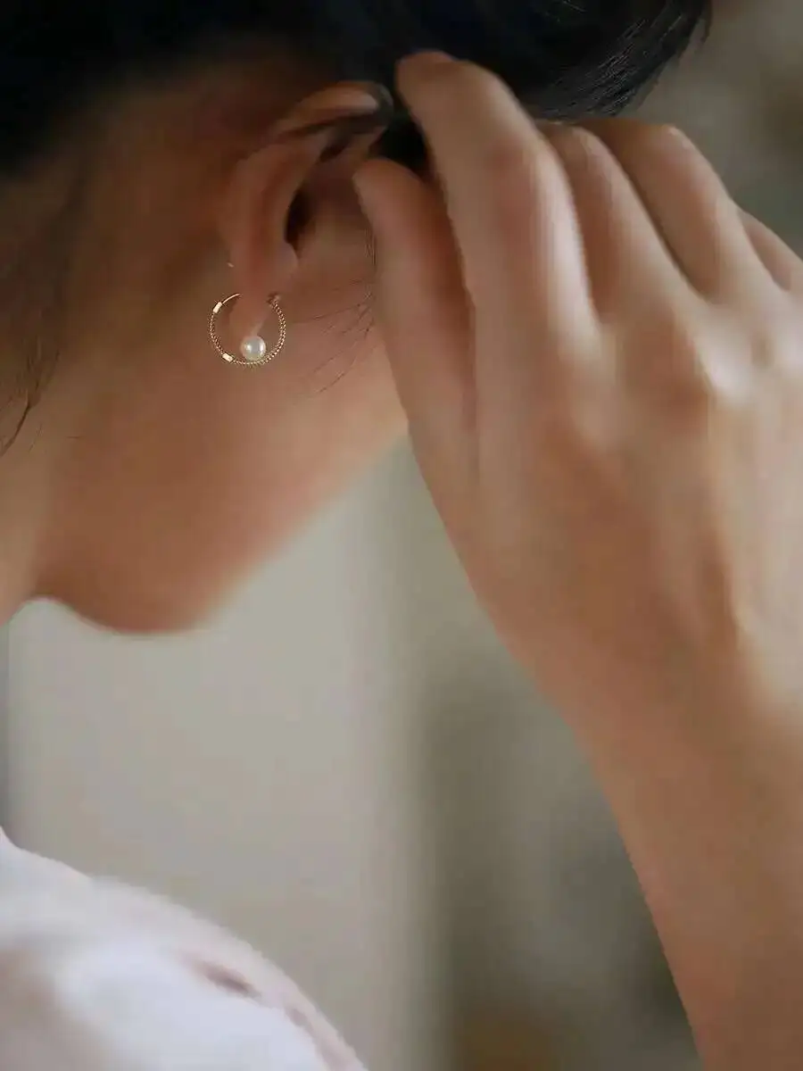 Pure 9K Gold Earring for Women, Twisted Freshwater Pearl Earring, Buckle Small Design, Elegant Girl, New, kj483 - Image 2