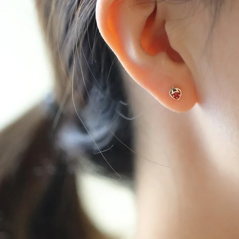9K Gold Fruit Studs – Tiny Strawberry with Polished Edge, Everyday Cute Earrings - Image 3