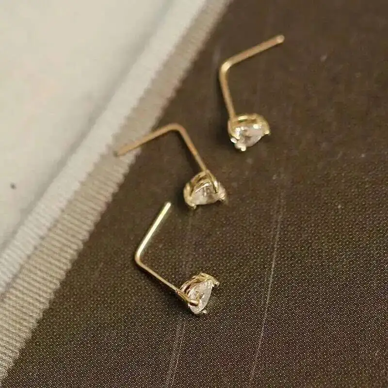 14K Yellow Gold L Shape Stud, Nose, Heart, Star, Round Zircon, Piercing Jewelry for Women, Men, kj465 - Image 5