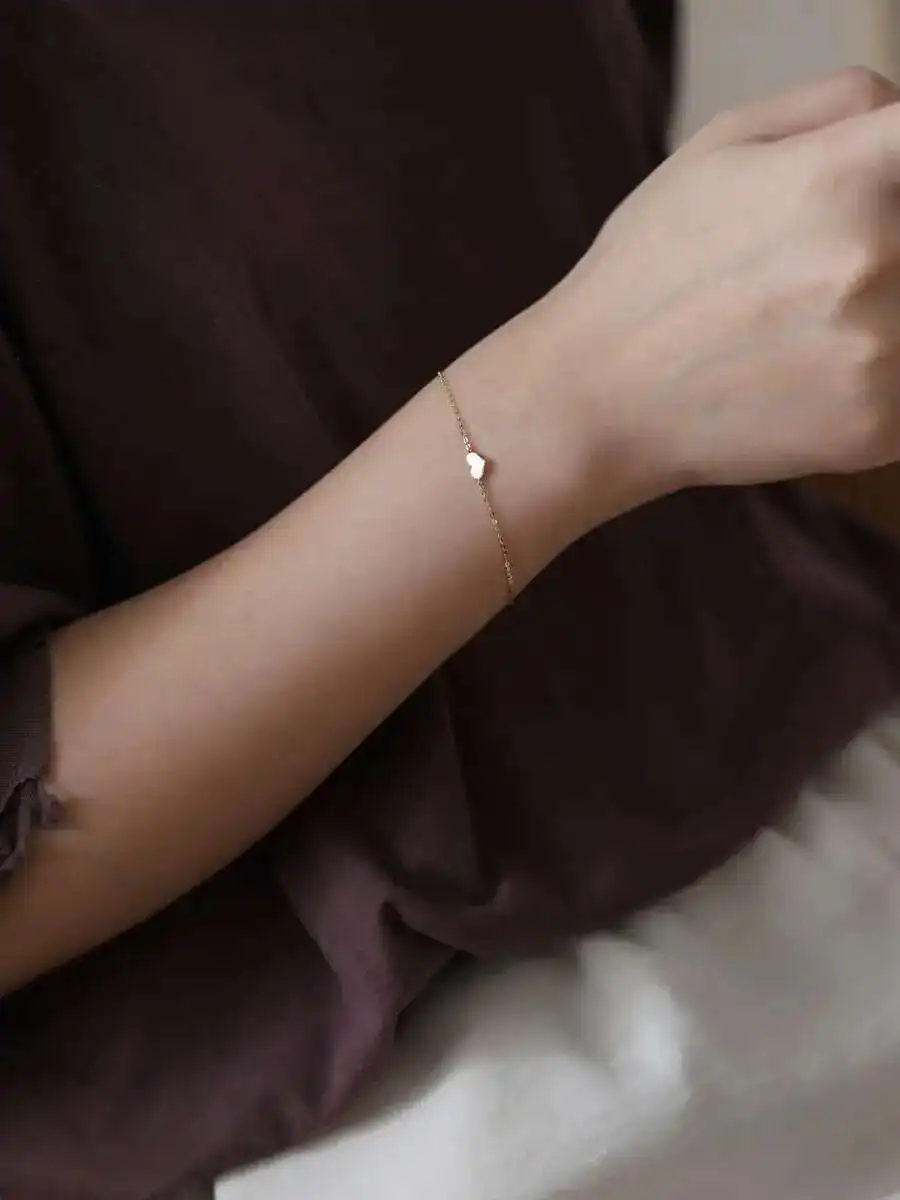 14K Solid Gold Heart Charm Bracelet, Dainty Minimalist Jewelry, kj184 - Image 2