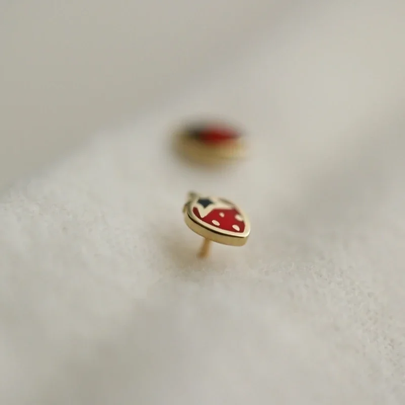 9K Gold Fruit Studs – Tiny Strawberry with Polished Edge, Everyday Cute Earrings - Image 5