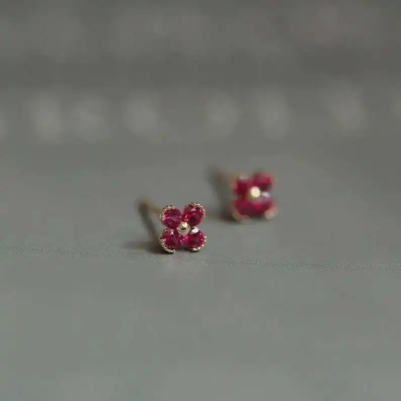 9k Solid Gold Crystal Stud Earrings, Unique Flower, Pink, Cute, Korean Style, Women, Kids, Girls, New Arrival, kj252 - Image 4