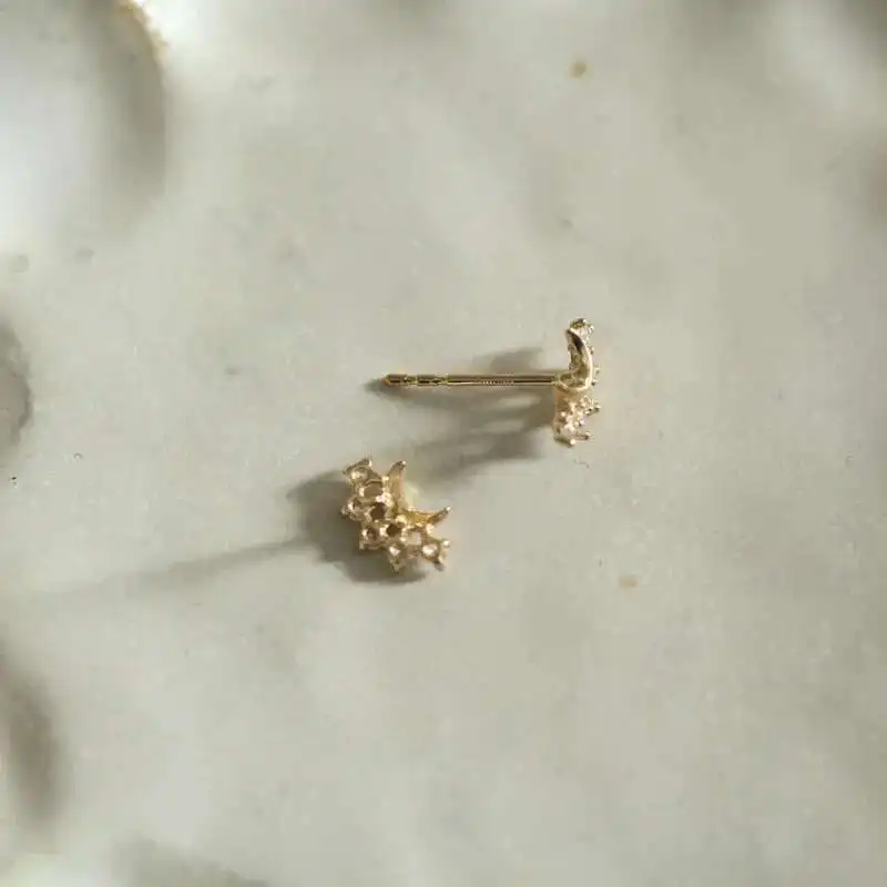 9k Real Solid Gold Unique Stud, Dainty Mini Moon Crystal Earring, Simple Minimal Jewelry, Victorian Vintage, kj91 - Image 3