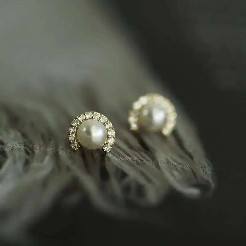 9K Solid Gold Studs with Natural Freshwater Pearl, Minimalist Hypoallergenic, Trendy Victorian Style kj113