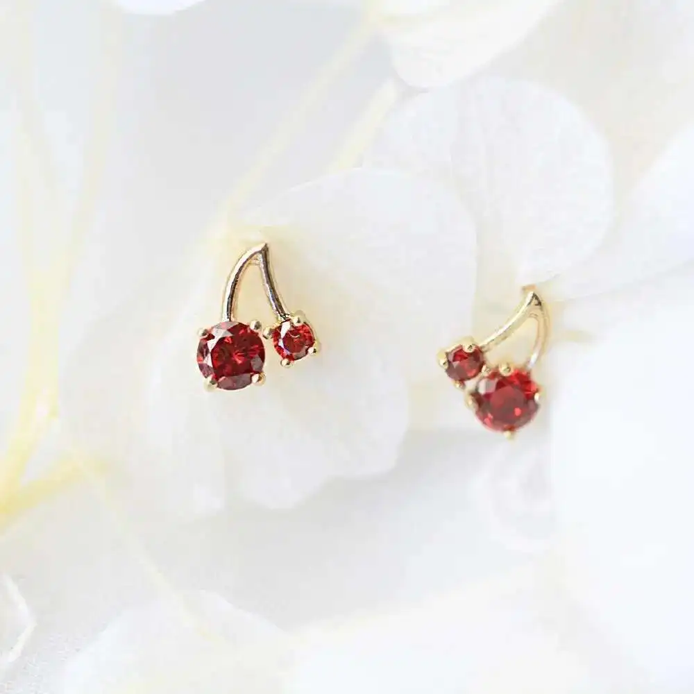 Pure Gold Cherry Earrings for Girls, Exquisite Lovely Feeling, Versatile, Japan and Korea, 9K, KJ297