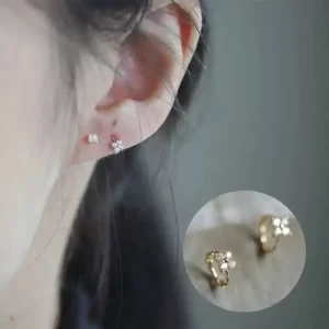 Mini Four Leaf Small Flower Earring, Pure 9K Gold Zircon, Simple Ear Buckle, Temperament, kj234
