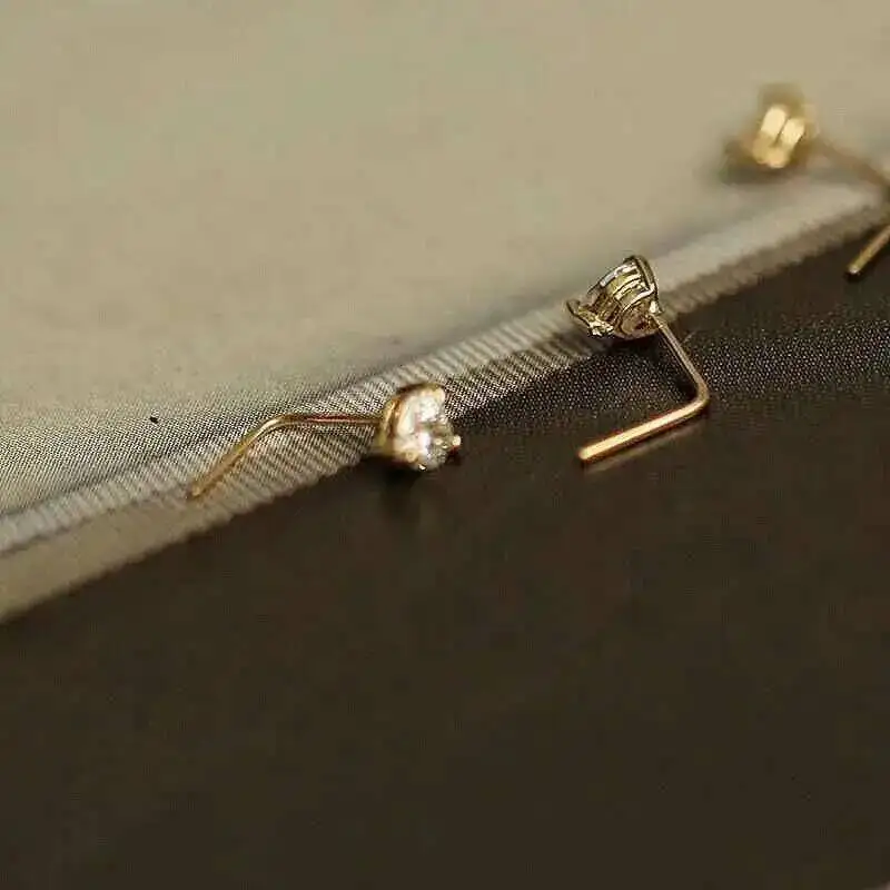 14K Yellow Gold L Shape Stud, Nose, Heart, Star, Round Zircon, Piercing Jewelry for Women, Men, kj465 - Image 6