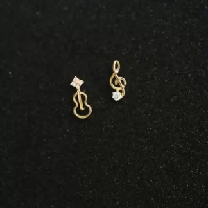 Solid 14K Gold Earrings, Dainty, Violin Notes, Stud Jewelry, Minimal Style, Bridal, kj157