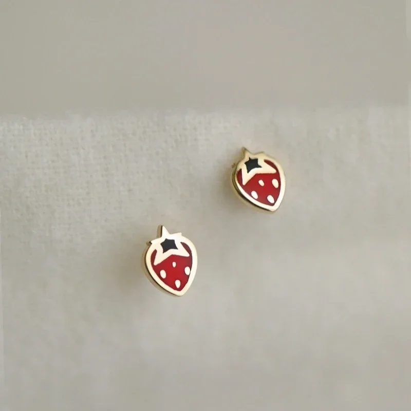 9K Gold Fruit Studs – Tiny Strawberry with Polished Edge, Everyday Cute Earrings - Image 4