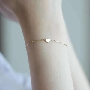 14K Solid Gold Heart Charm Bracelet, Dainty Minimalist Jewelry, kj184