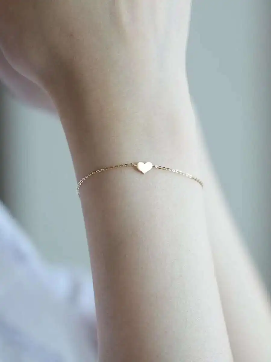 14K Solid Gold Heart Charm Bracelet, Dainty Minimalist Jewelry, kj184