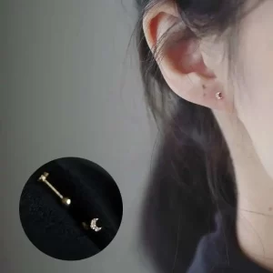 GOLDtutu Custom Moon Stud, Pure 9K Gold Zircon, Ultra Mini Screw Back Earrings, kj276