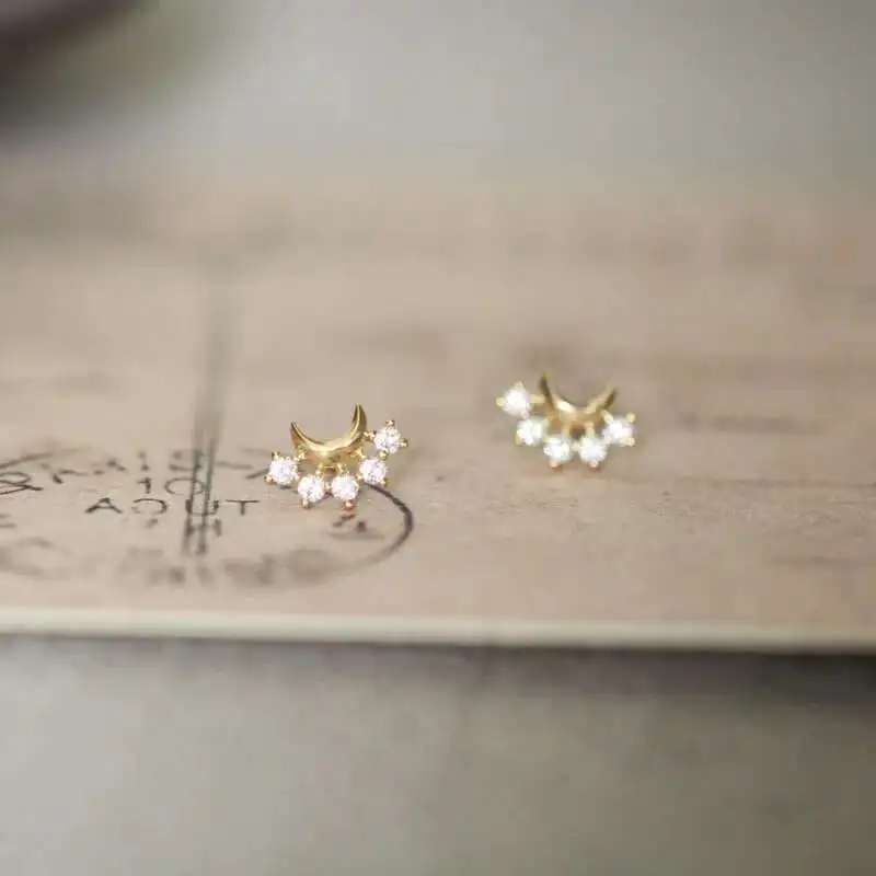 9k Real Solid Gold Unique Stud, Dainty Mini Moon Crystal Earring, Simple Minimal Jewelry, Victorian Vintage, kj91 - Image 6