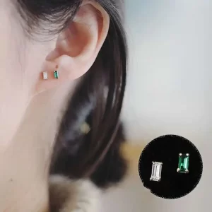 14K Gold Stud Earring, Green Emerald Jewelry, Simple Crystal, Minimal Style, kj188