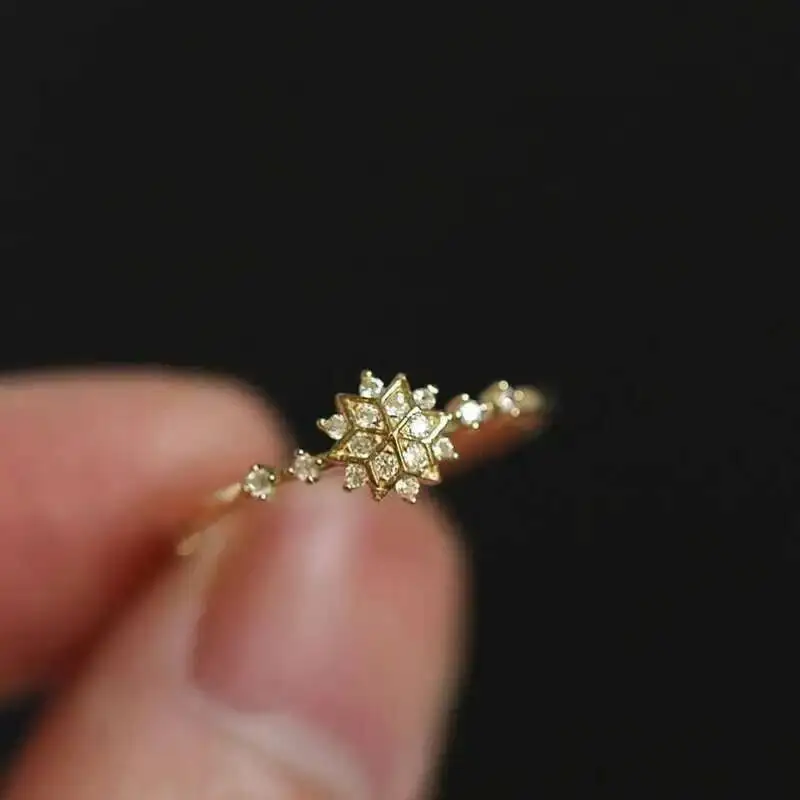 Snowflake Shape Crystal Minimalist, Simple Stacking Ring, 9K, Solid Gold, kj505 - Image 5